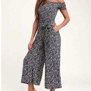 Lulus Behold Navy Blue Floral Print Off-the-shoulder Jumpsuit - Size L